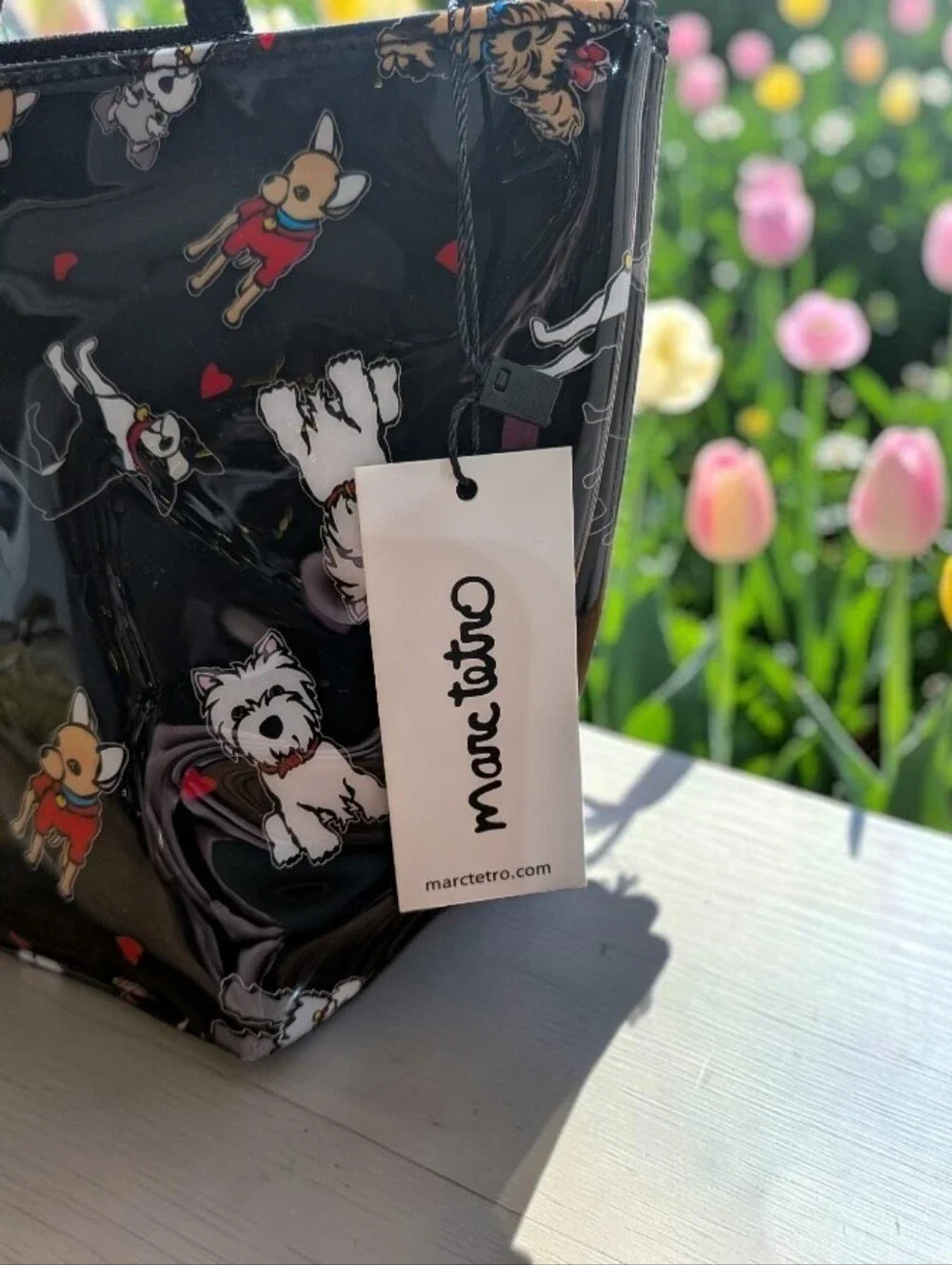 NWT Marc Tetro Black Patent Vinyl Cosmetic Pouch with Dog Print